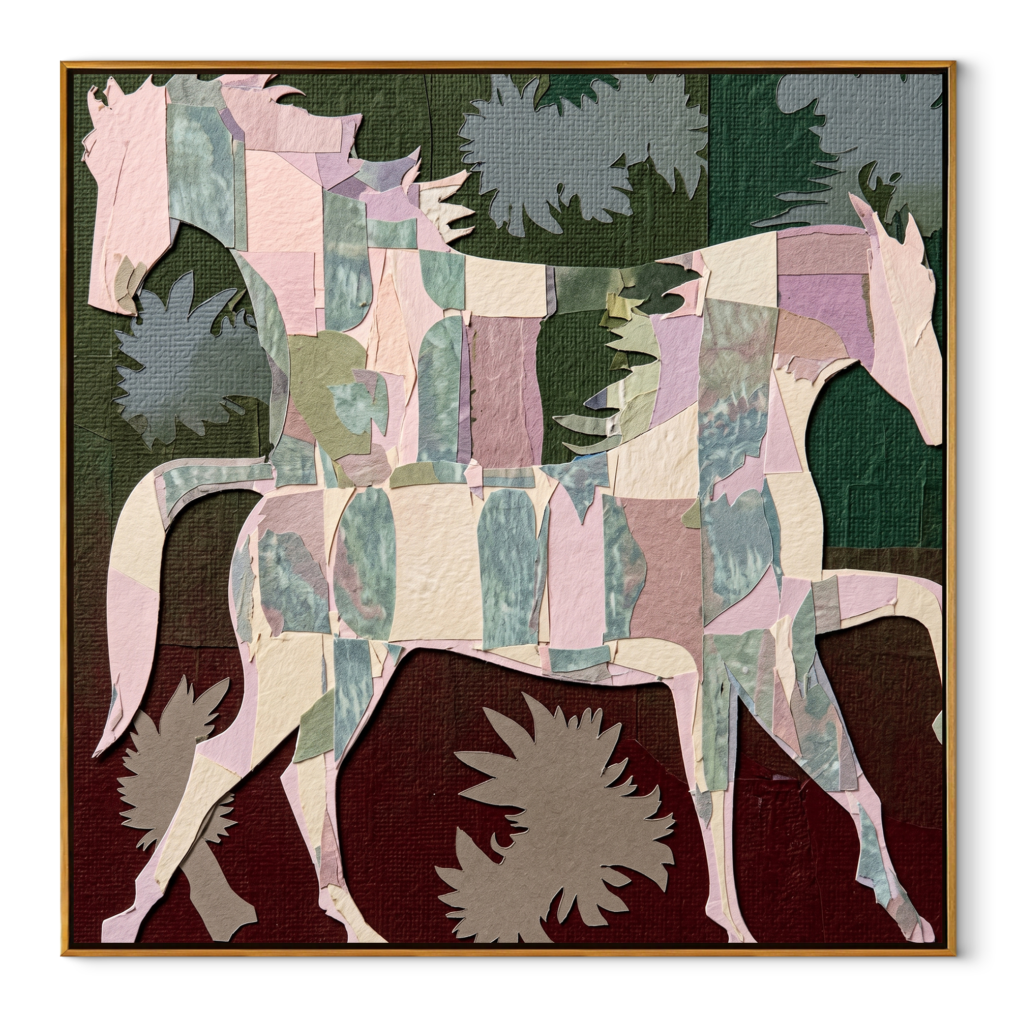 Patchwork Horses Cross Garden - three horse patchwork painting by Isabelle Laurent, modern Western square wall art – wood frame on white background