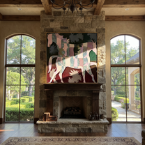 Patchwork Horses Cross Garden - three horse patchwork painting by Isabelle Laurent, modern Western square wall art – styled room scene view 2