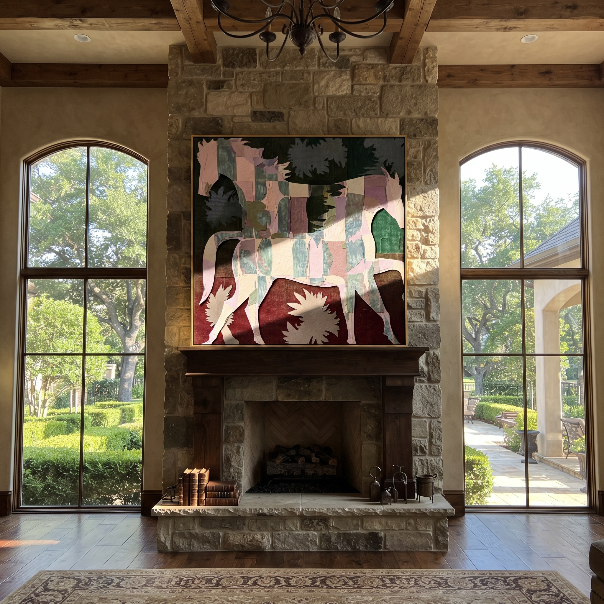 Patchwork Horses Cross Garden - three horse patchwork painting by Isabelle Laurent, modern Western square wall art – styled room scene view 2
