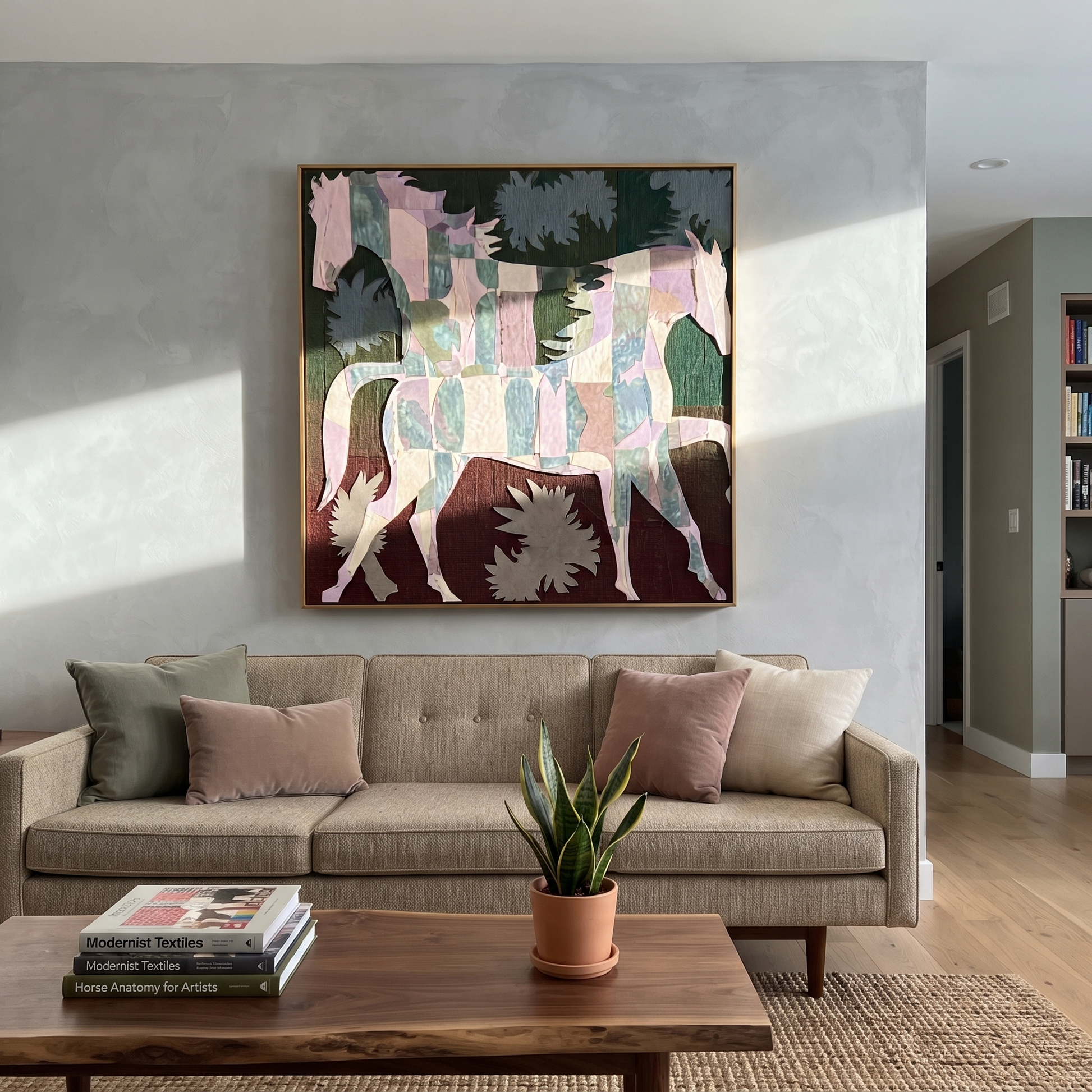 Patchwork Horses Cross Garden - three horse patchwork painting by Isabelle Laurent, modern Western square wall art – styled room scene view 3
