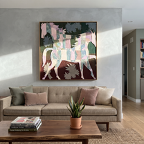 Patchwork Horses Cross Garden - three horse patchwork painting by Isabelle Laurent, modern Western square wall art – styled room scene view 3