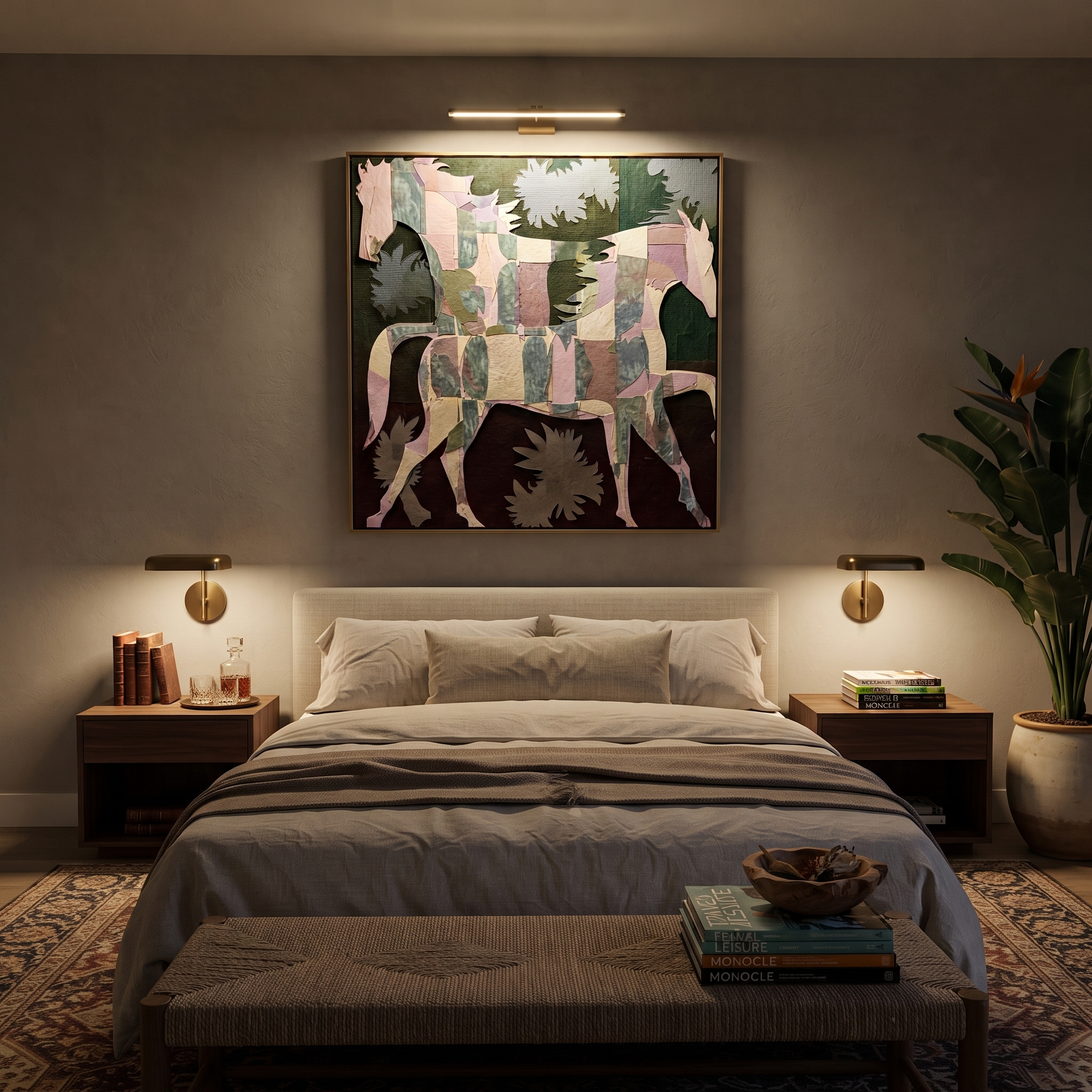 Patchwork Horses Cross Garden - three horse patchwork painting by Isabelle Laurent, modern Western square wall art – styled room scene view 4