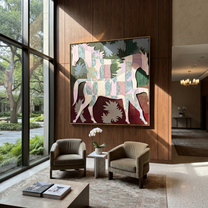 Patchwork Horses Cross Garden - three horse patchwork painting by Isabelle Laurent, modern Western square wall art – styled room scene view 5