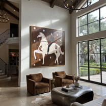 White Horse Rears Moonward - rearing white horse painting by Isabelle Laurent, modern Western square wall art – styled room scene view 1