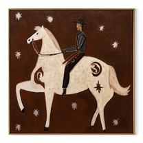 White Horse Rears Moonward - rearing white horse painting by Isabelle Laurent, modern Western square wall art – wood frame on white background