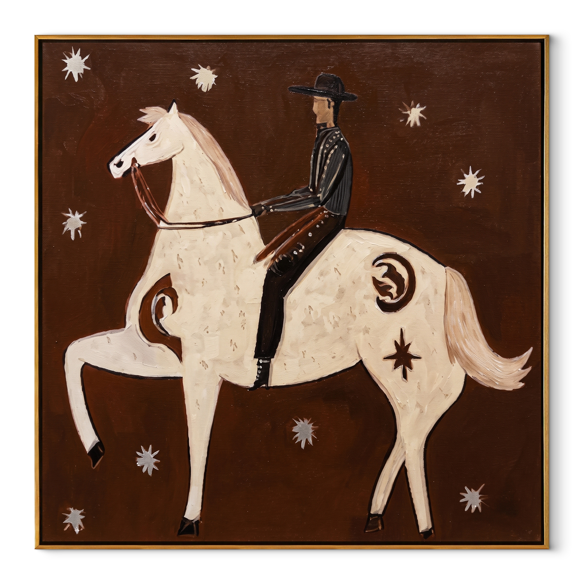White Horse Rears Moonward - rearing white horse painting by Isabelle Laurent, modern Western square wall art – wood frame on white background