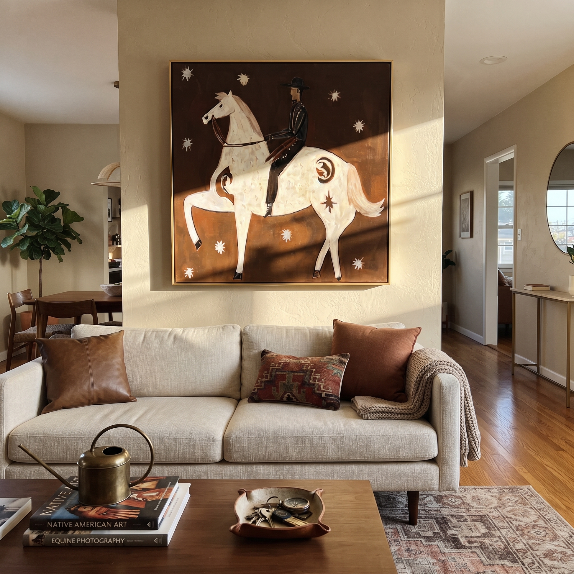 White Horse Rears Moonward - rearing white horse painting by Isabelle Laurent, modern Western square wall art – styled room scene view 2