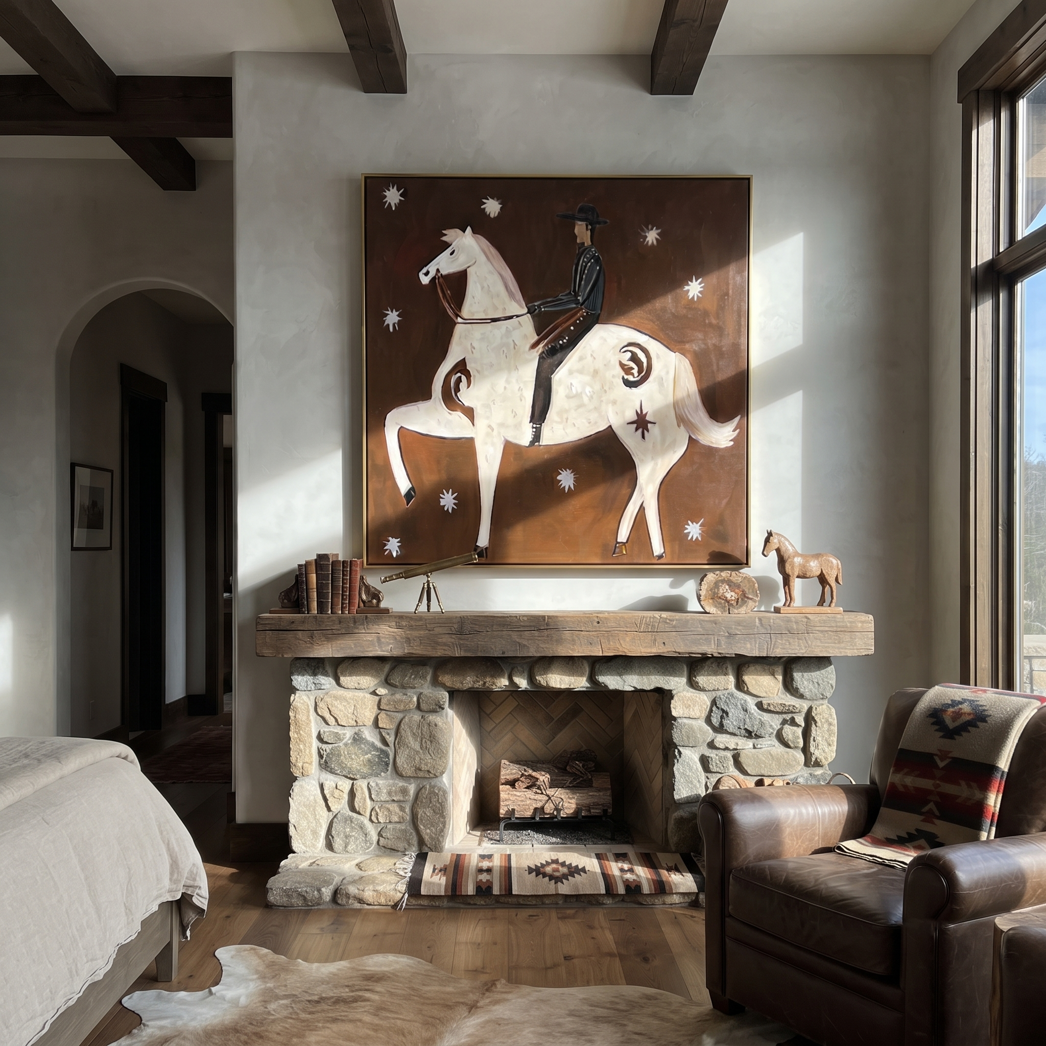 White Horse Rears Moonward - rearing white horse painting by Isabelle Laurent, modern Western square wall art – styled room scene view 3