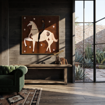 White Horse Rears Moonward - rearing white horse painting by Isabelle Laurent, modern Western square wall art – styled room scene view 5