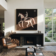 Striped Rider Walks Stars - white horse rider painting by Isabelle Laurent, modern Western square wall art – styled room scene view 1
