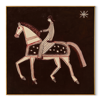 Striped Rider Walks Stars - white horse rider painting by Isabelle Laurent, modern Western square wall art – wood frame on white background