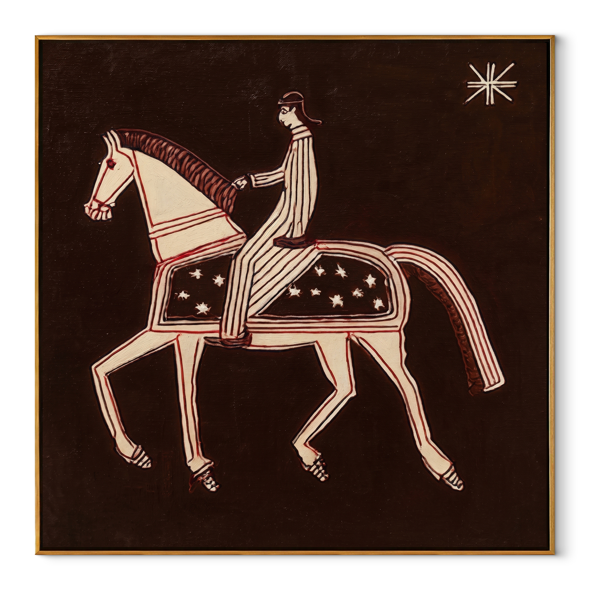 Striped Rider Walks Stars - white horse rider painting by Isabelle Laurent, modern Western square wall art – wood frame on white background