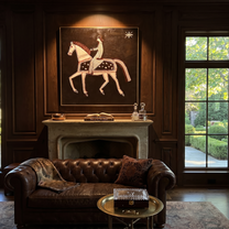 Striped Rider Walks Stars - white horse rider painting by Isabelle Laurent, modern Western square wall art – styled room scene view 2