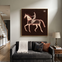 Striped Rider Walks Stars - white horse rider painting by Isabelle Laurent, modern Western square wall art – styled room scene view 3