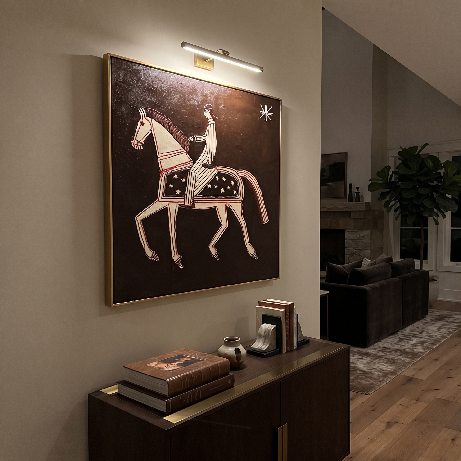 Striped Rider Walks Stars - white horse rider painting by Isabelle Laurent, modern Western square wall art – styled room scene view 4