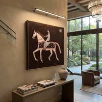 Striped Rider Walks Stars - white horse rider painting by Isabelle Laurent, modern Western square wall art – styled room scene view 5