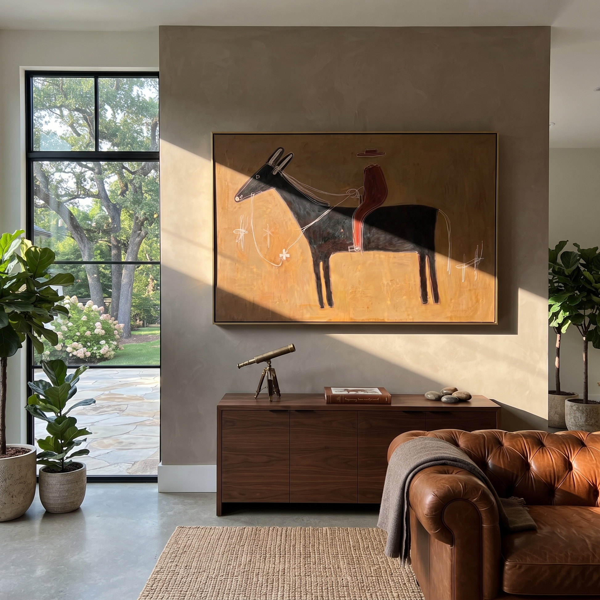 Red Silhouette Crosses Clay - black horse rider painting by Isabelle Laurent, modern Western horizontal wall art – styled room scene view 1