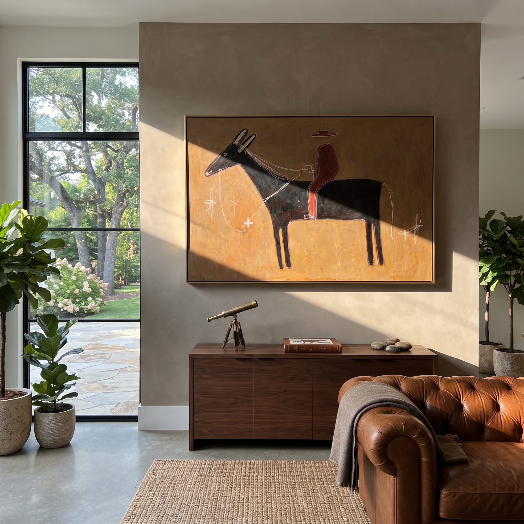 Red Silhouette Crosses Clay - black horse rider painting by Isabelle Laurent, modern Western horizontal wall art – styled room scene view 1