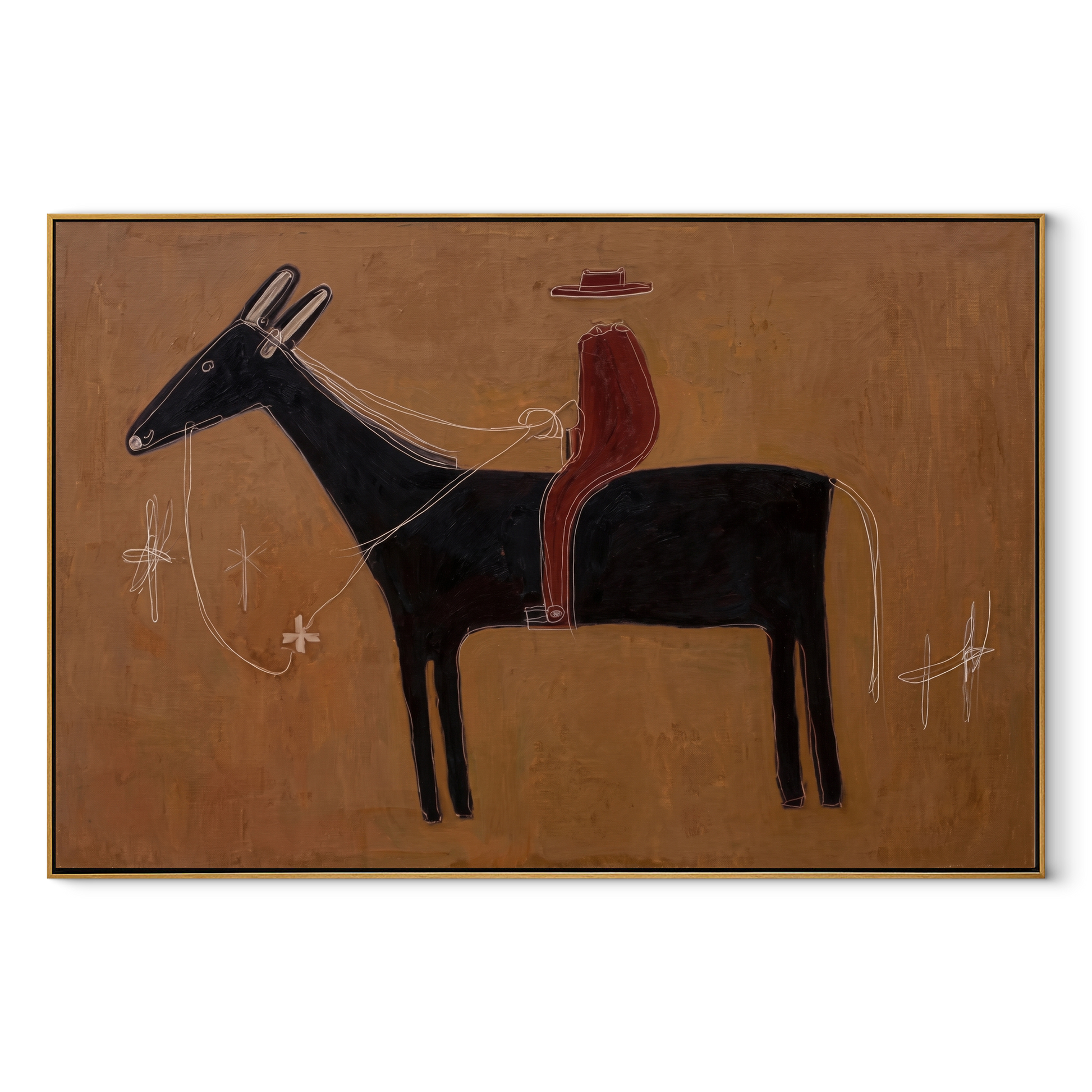 Red Silhouette Crosses Clay - black horse rider painting by Isabelle Laurent, modern Western horizontal wall art – wood frame on white background