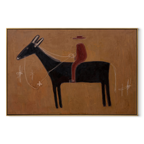 Red Silhouette Crosses Clay - black horse rider painting by Isabelle Laurent, modern Western horizontal wall art – wood frame on white background