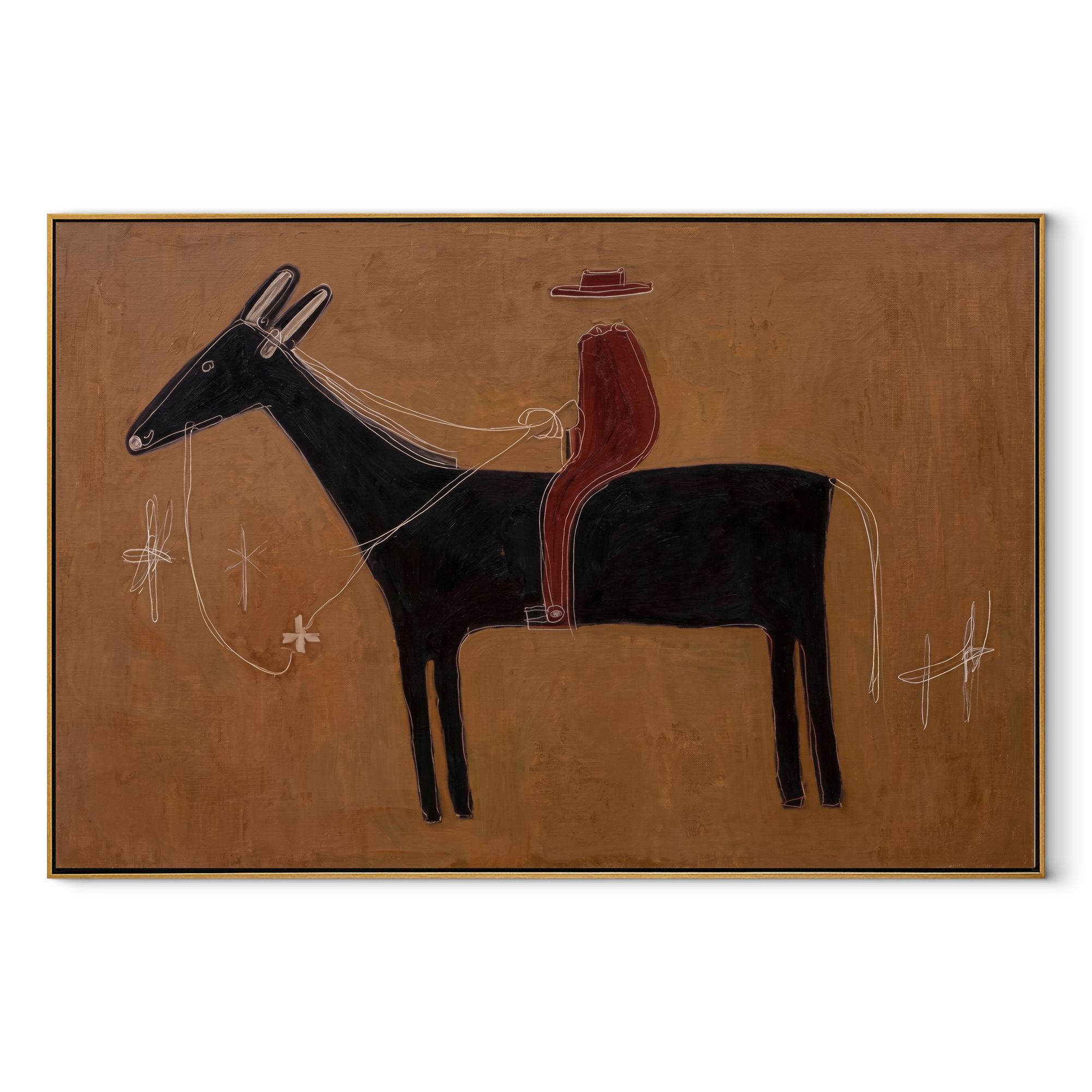Red Silhouette Crosses Clay - black horse rider painting by Isabelle Laurent, modern Western horizontal wall art – wood frame on white background