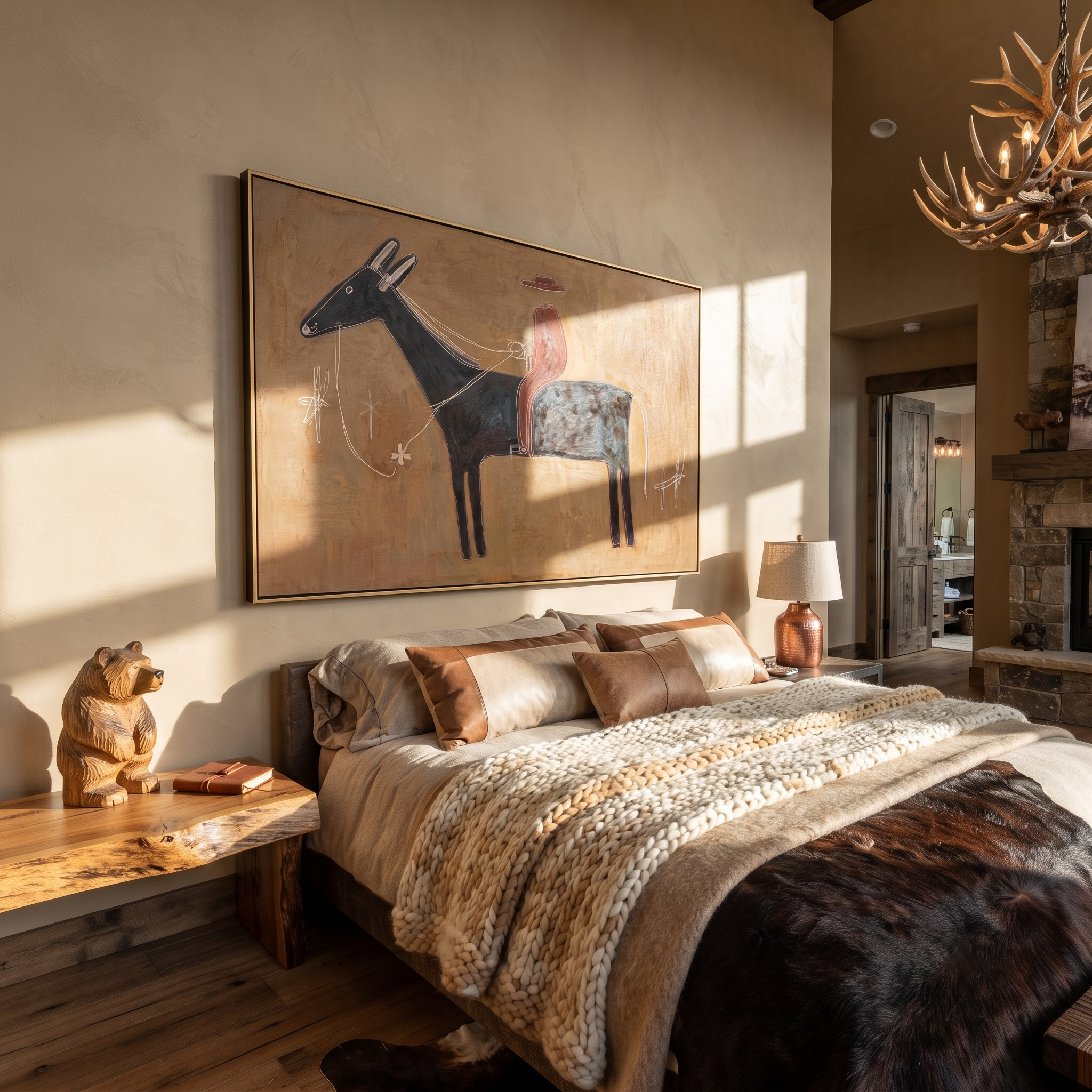 Red Silhouette Crosses Clay - black horse rider painting by Isabelle Laurent, modern Western horizontal wall art – styled room scene view 3