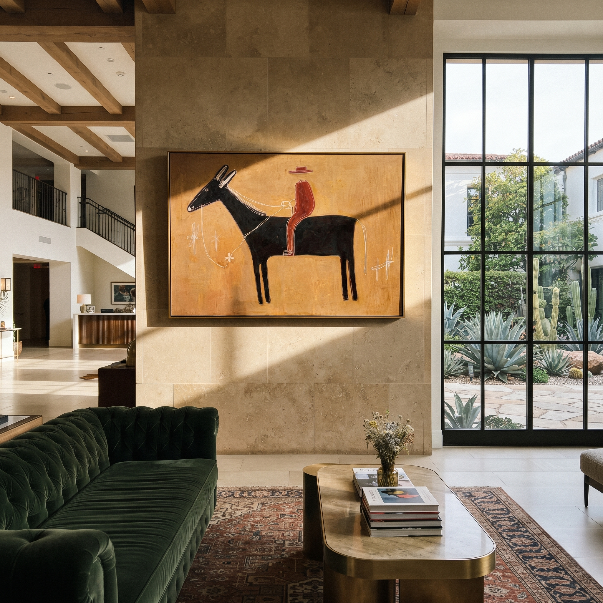 Red Silhouette Crosses Clay - black horse rider painting by Isabelle Laurent, modern Western horizontal wall art – styled room scene view 4