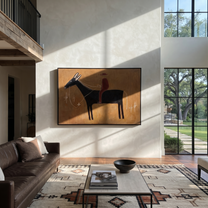 Red Silhouette Crosses Clay - black horse rider painting by Isabelle Laurent, modern Western horizontal wall art – styled room scene view 5