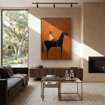 Ivory Rider Watches Comet - black horse rider painting by Isabelle Laurent, modern Western vertical wall art – styled room scene view 1