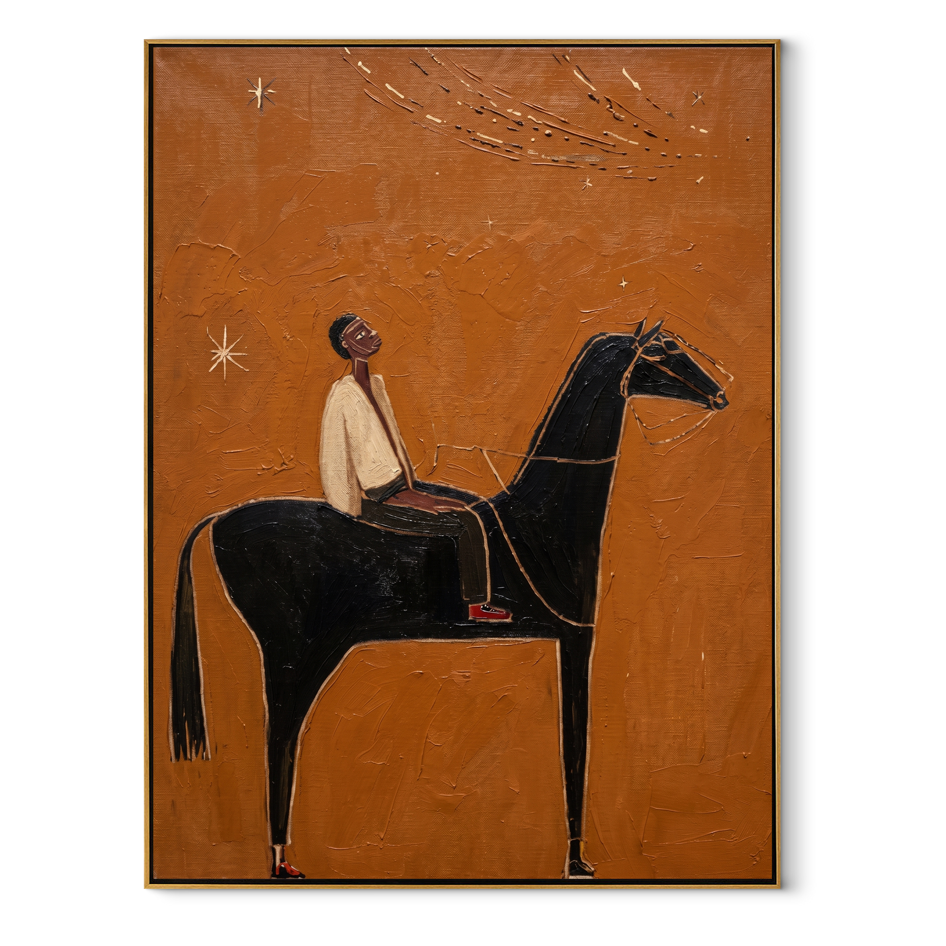 Ivory Rider Watches Comet - black horse rider painting by Isabelle Laurent, modern Western vertical wall art – wood frame on white background