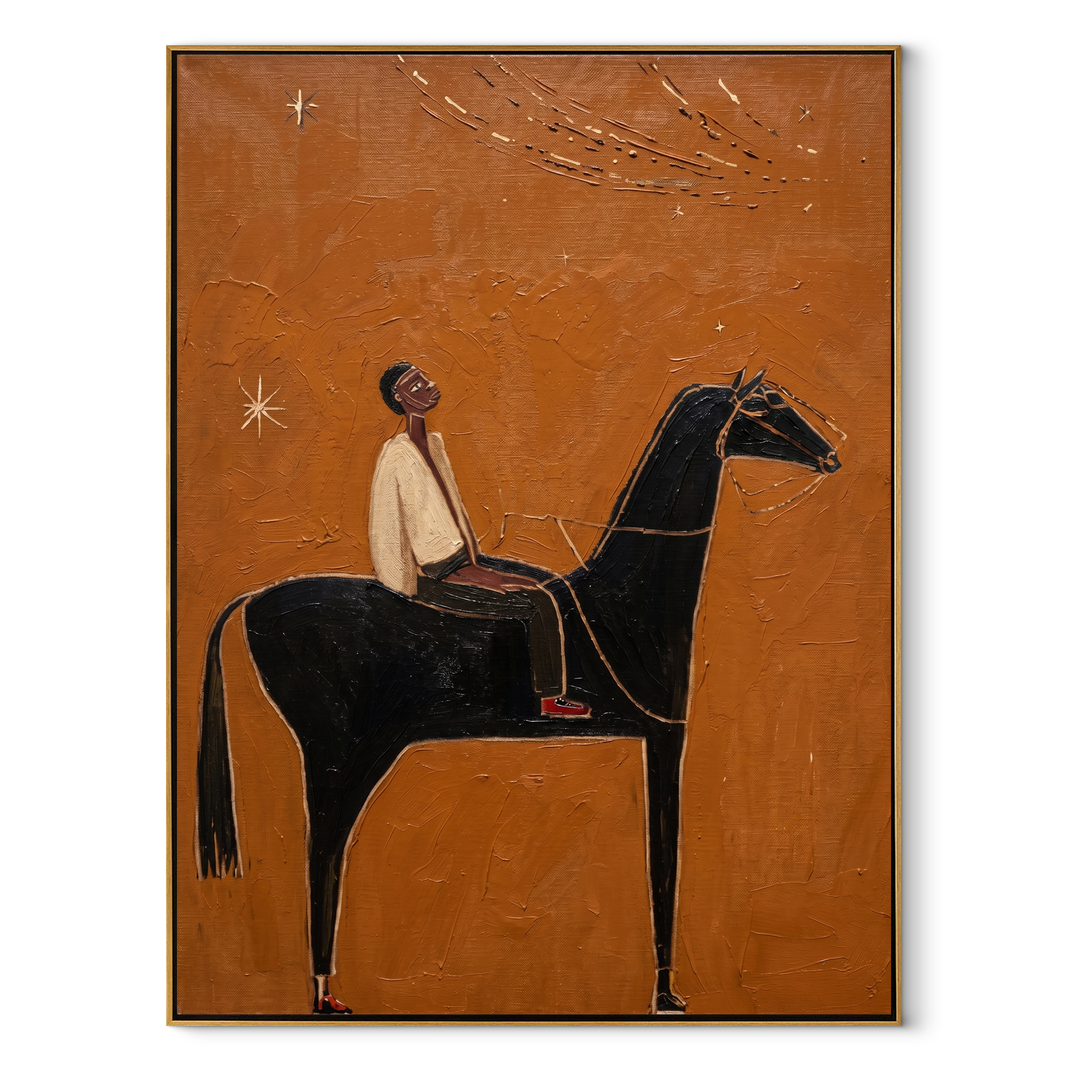 Ivory Rider Watches Comet - black horse rider painting by Isabelle Laurent, modern Western vertical wall art – wood frame on white background