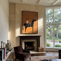 Ivory Rider Watches Comet - black horse rider painting by Isabelle Laurent, modern Western vertical wall art – styled room scene view 2