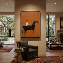 Ivory Rider Watches Comet - black horse rider painting by Isabelle Laurent, modern Western vertical wall art – styled room scene view 3