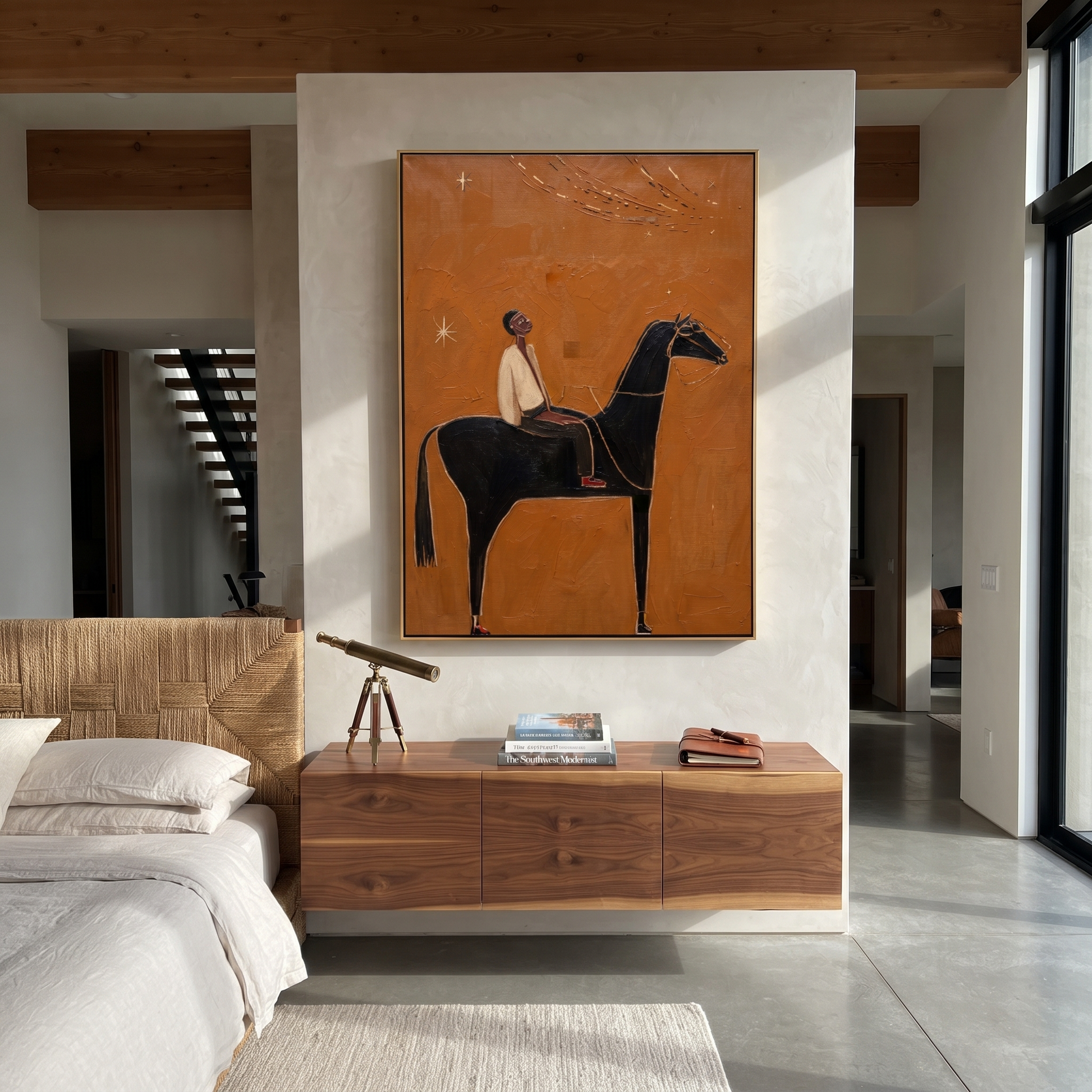 Ivory Rider Watches Comet - black horse rider painting by Isabelle Laurent, modern Western vertical wall art – styled room scene view 4
