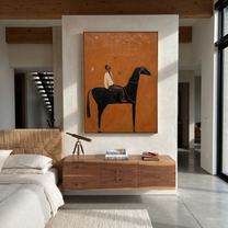 Ivory Rider Watches Comet - black horse rider painting by Isabelle Laurent, modern Western vertical wall art – styled room scene view 4