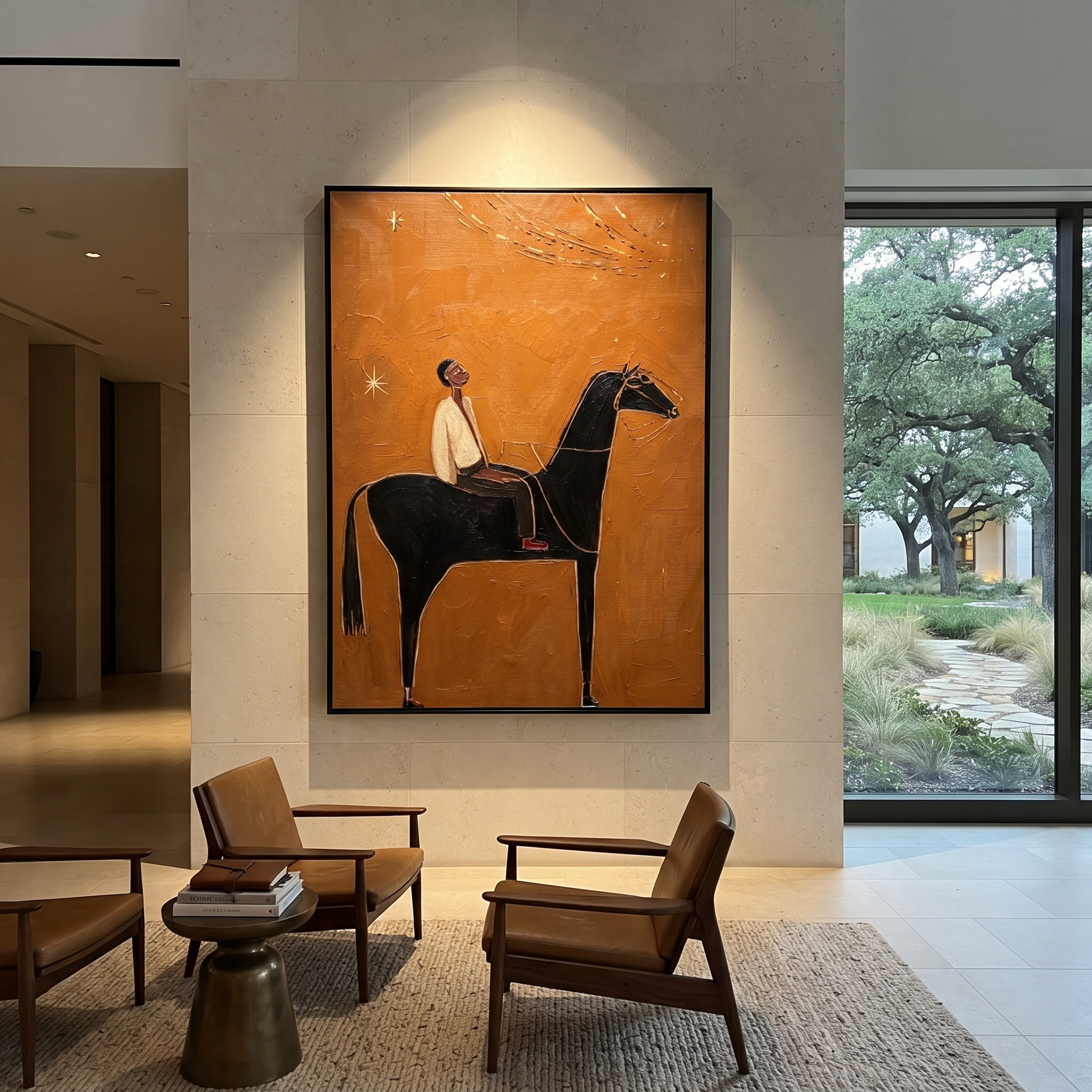 Ivory Rider Watches Comet - black horse rider painting by Isabelle Laurent, modern Western vertical wall art – styled room scene view 5