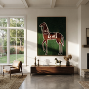 White Reins Frame Chestnut - chestnut horse folk painting by Isabelle Laurent, modern Western vertical wall art – styled room scene view 1