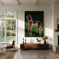 White Reins Frame Chestnut - chestnut horse folk painting by Isabelle Laurent, modern Western vertical wall art – styled room scene view 1