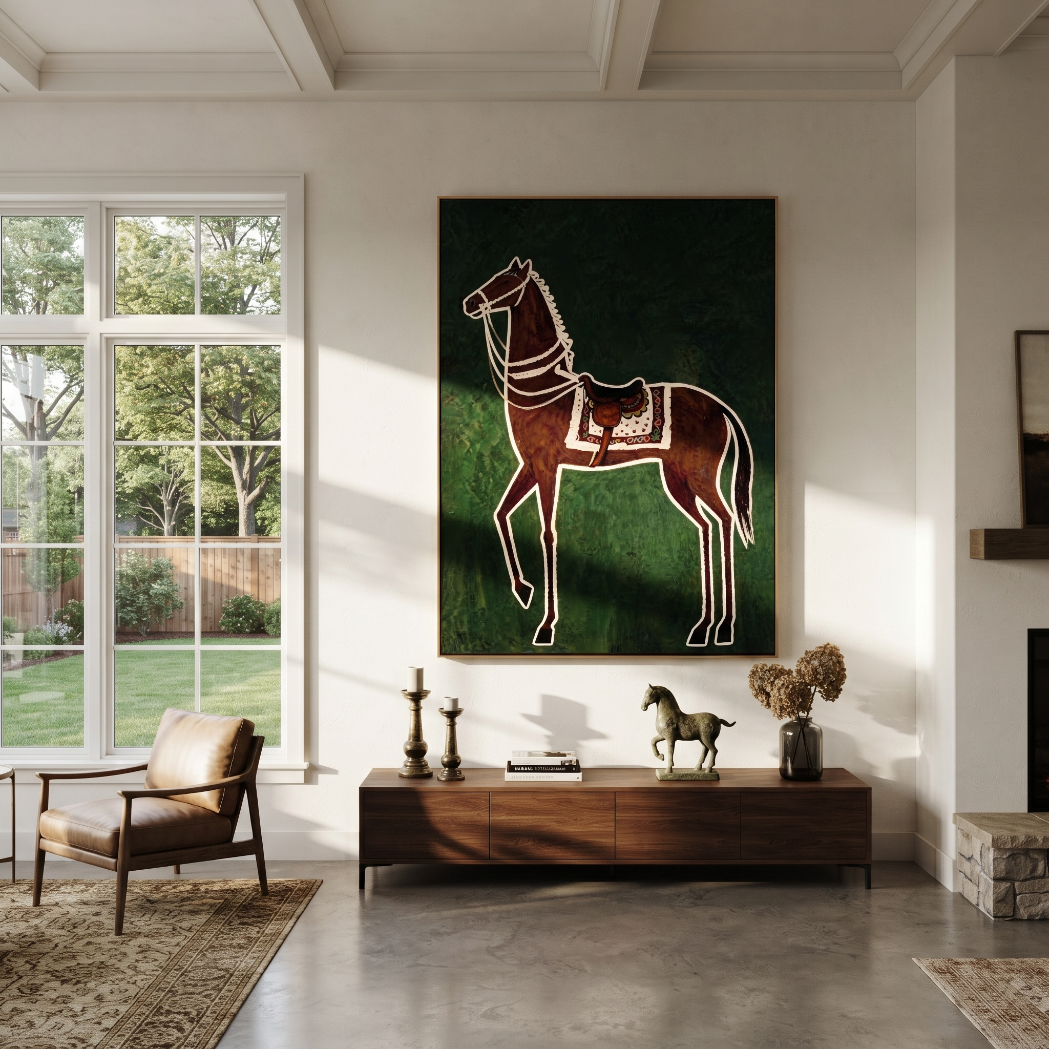White Reins Frame Chestnut - chestnut horse folk painting by Isabelle Laurent, modern Western vertical wall art – styled room scene view 1