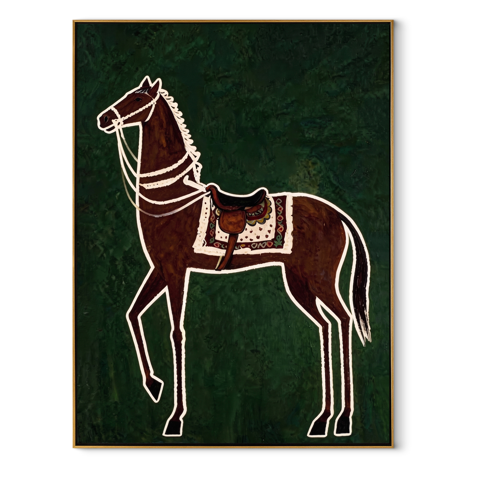 White Reins Frame Chestnut - chestnut horse folk painting by Isabelle Laurent, modern Western vertical wall art – wood frame on white background