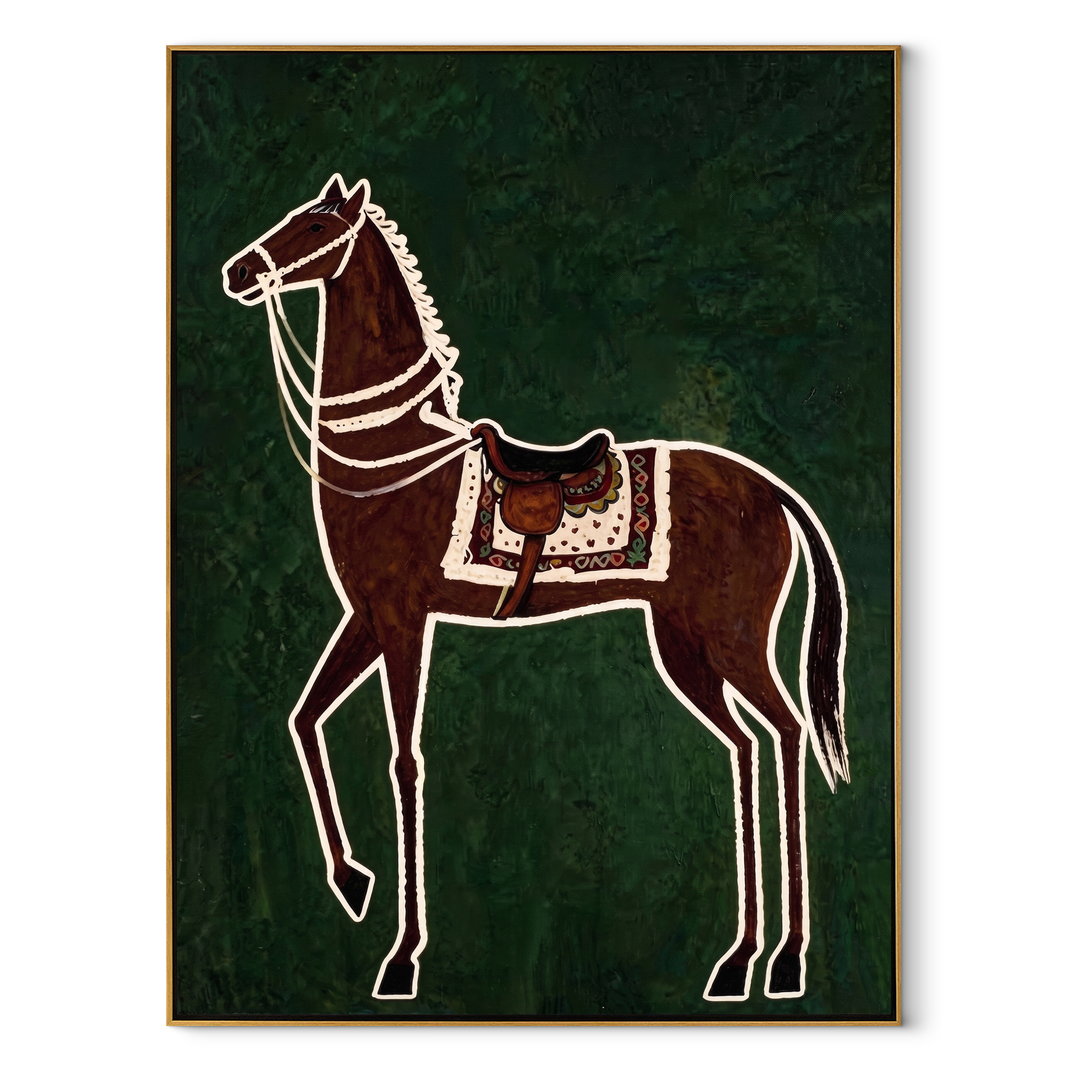 White Reins Frame Chestnut - chestnut horse folk painting by Isabelle Laurent, modern Western vertical wall art – wood frame on white background