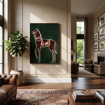 White Reins Frame Chestnut - chestnut horse folk painting by Isabelle Laurent, modern Western vertical wall art – styled room scene view 2