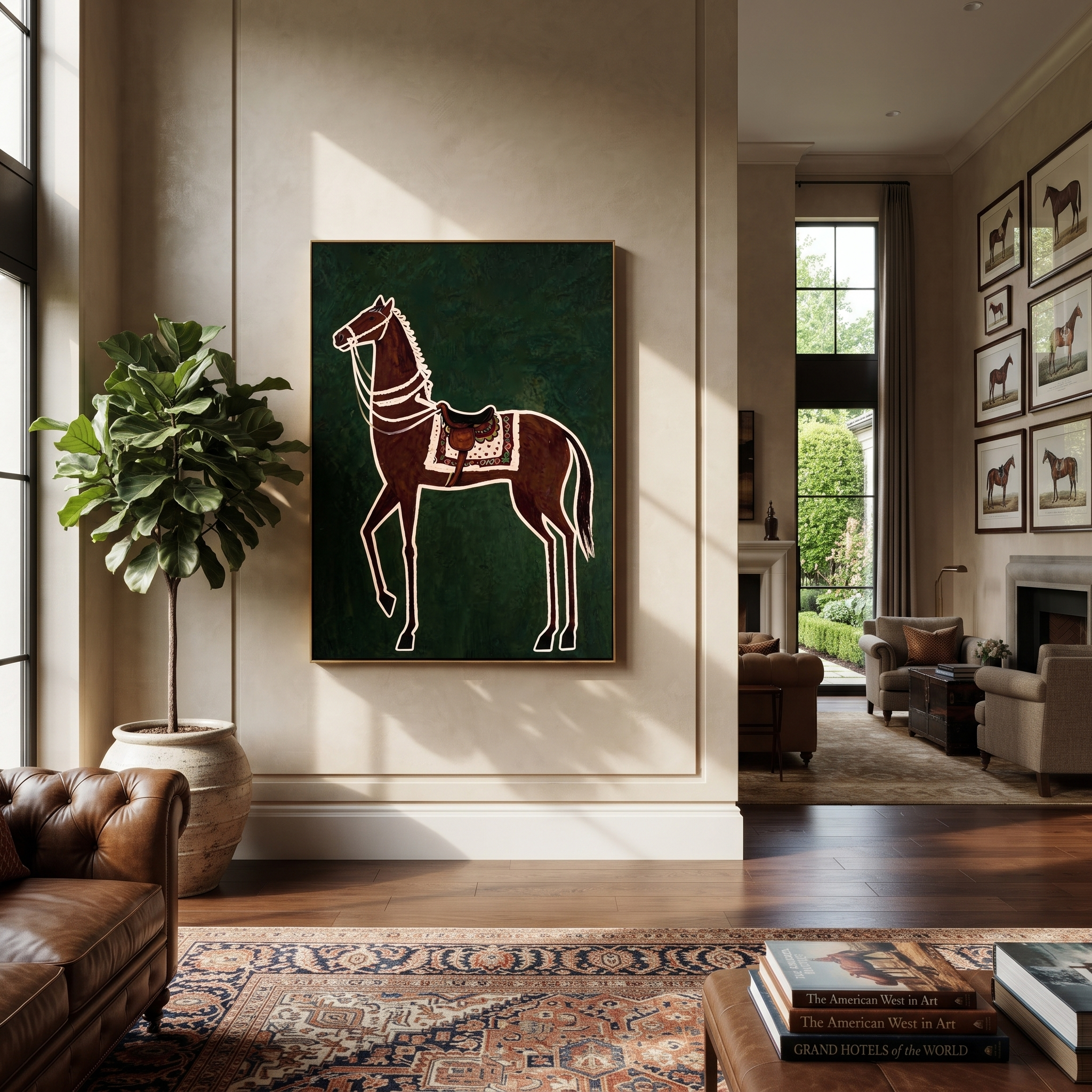 White Reins Frame Chestnut - chestnut horse folk painting by Isabelle Laurent, modern Western vertical wall art – styled room scene view 2