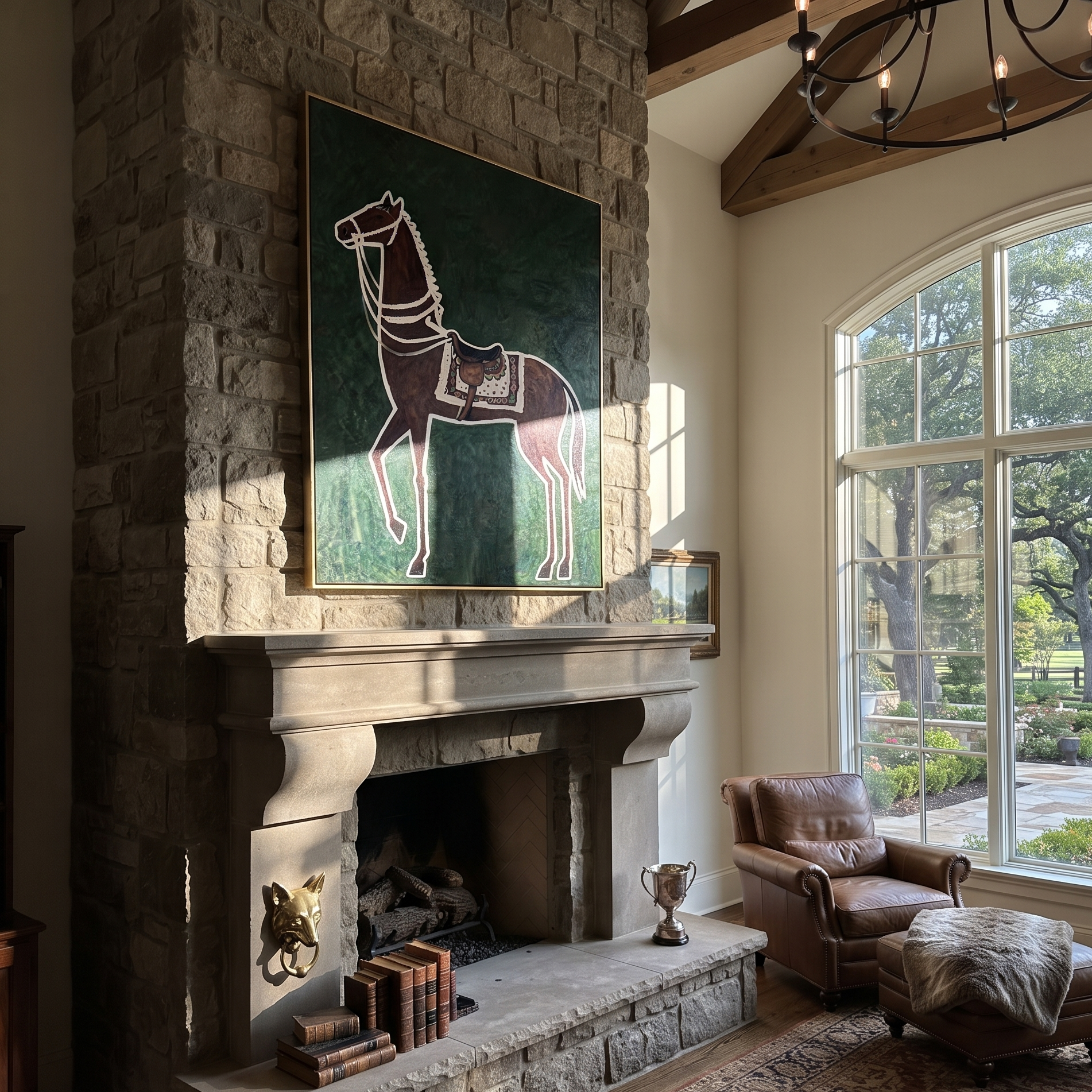 White Reins Frame Chestnut - chestnut horse folk painting by Isabelle Laurent, modern Western vertical wall art – styled room scene view 3