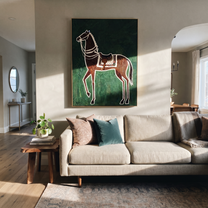 White Reins Frame Chestnut - chestnut horse folk painting by Isabelle Laurent, modern Western vertical wall art – styled room scene view 4