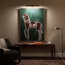 White Reins Frame Chestnut - chestnut horse folk painting by Isabelle Laurent, modern Western vertical wall art – styled room scene view 5