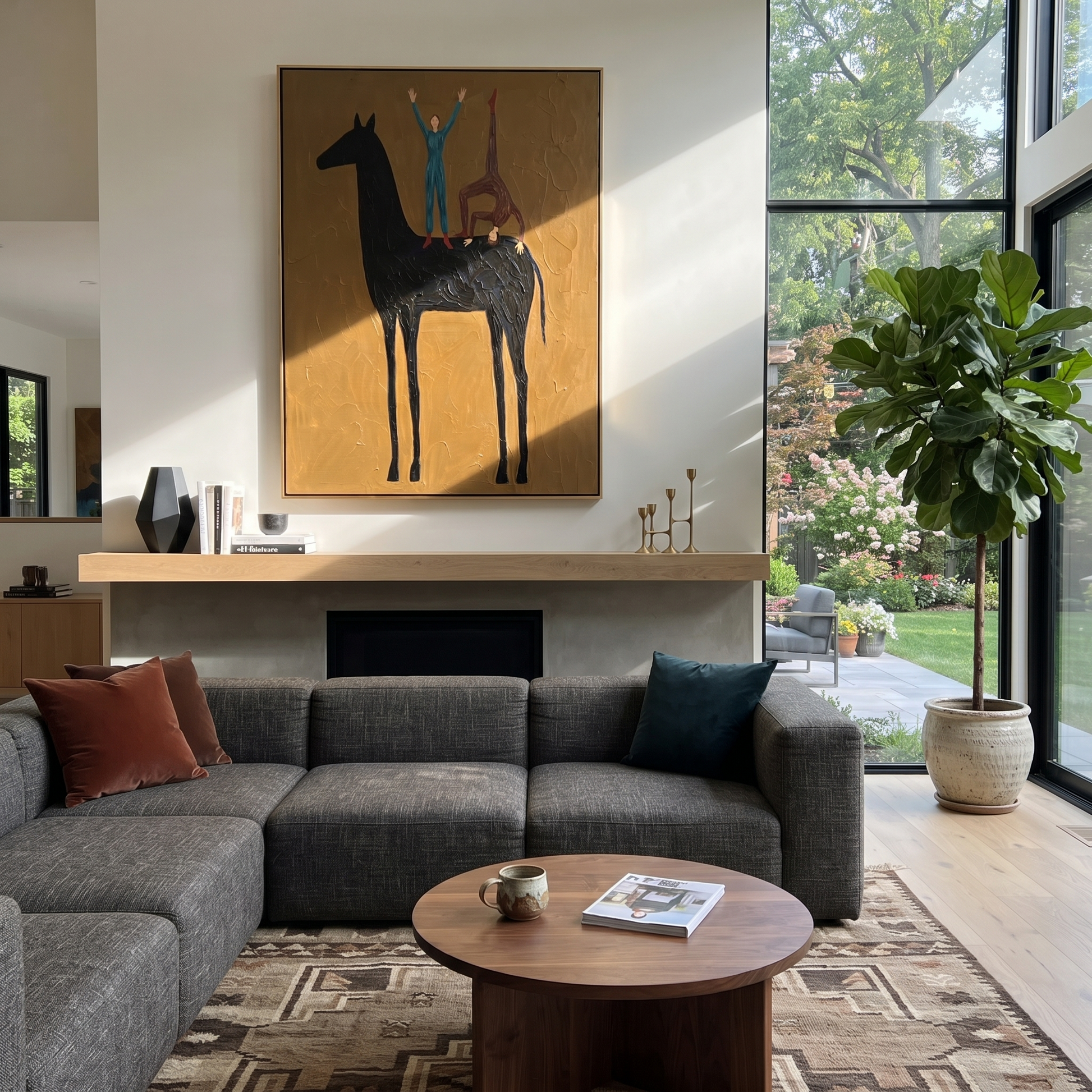 Two Acrobats Crown Midnight - horse acrobat folk painting by Isabelle Laurent, modern Western vertical wall art – styled room scene view 1
