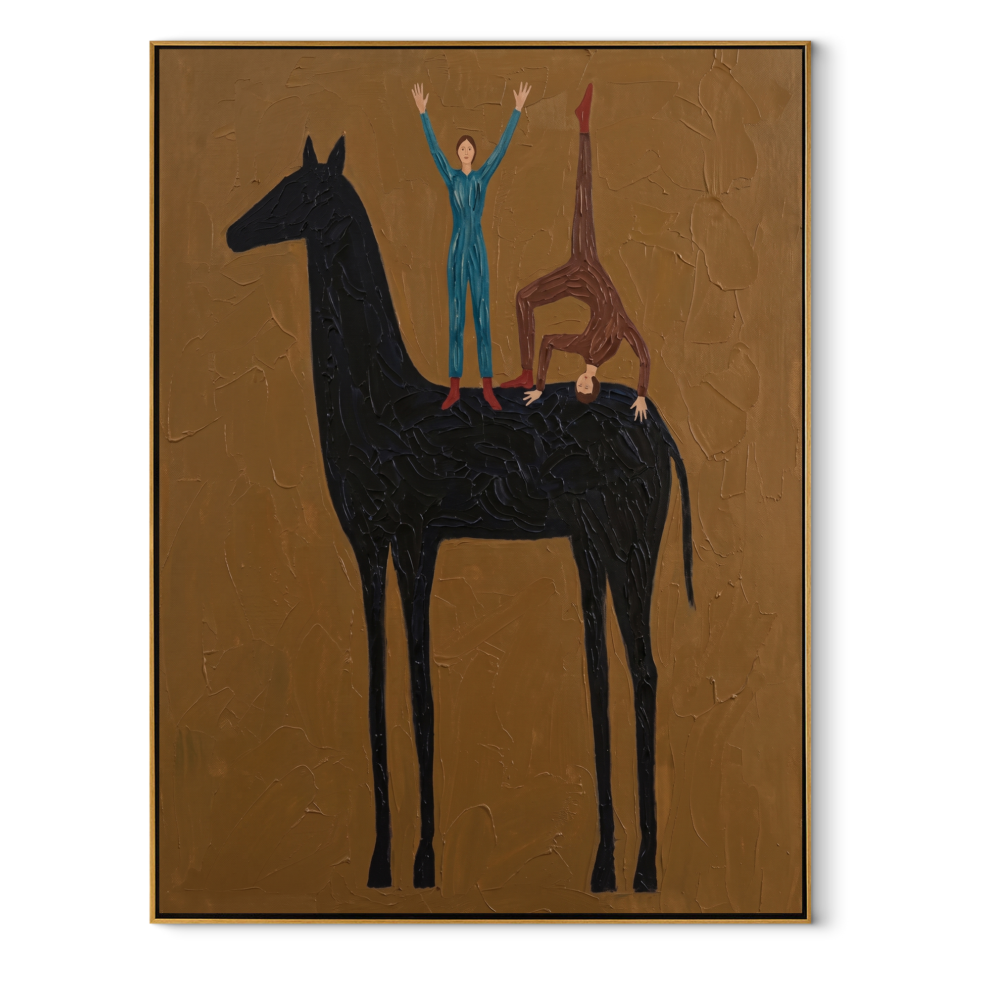 Two Acrobats Crown Midnight - horse acrobat folk painting by Isabelle Laurent, modern Western vertical wall art – wood frame on white background
