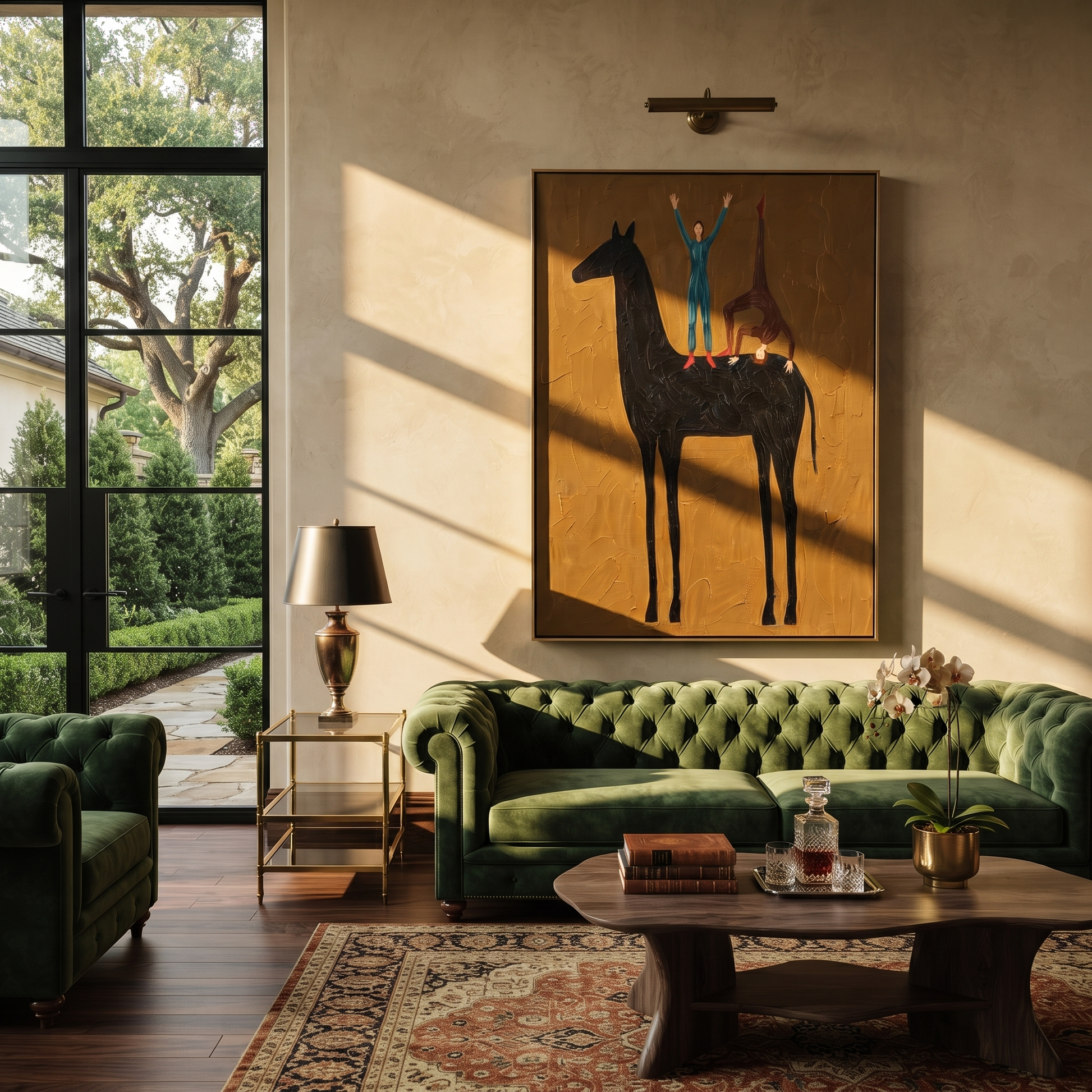 Two Acrobats Crown Midnight - horse acrobat folk painting by Isabelle Laurent, modern Western vertical wall art – styled room scene view 3