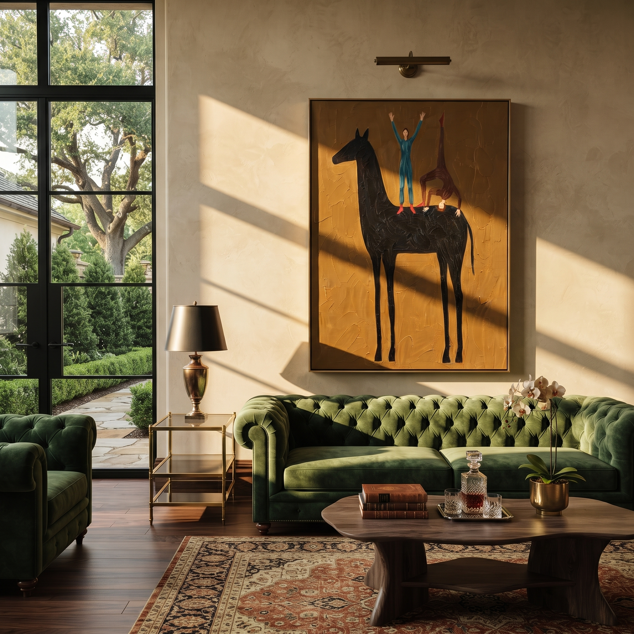 Two Acrobats Crown Midnight - horse acrobat folk painting by Isabelle Laurent, modern Western vertical wall art – styled room scene view 3